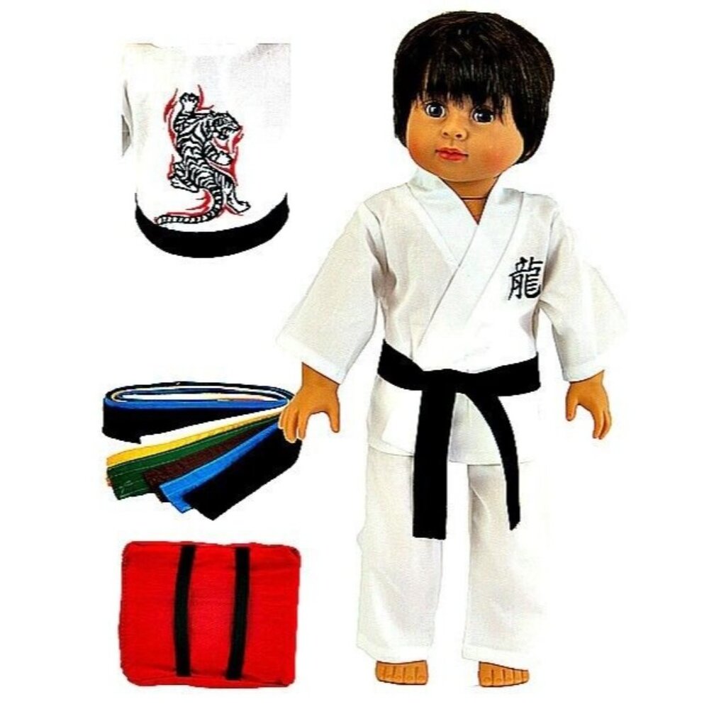 18" DOLL KARATE MARTIAL ARTS Jujitsu UNIFORM OUTFIT Pants Jacket Belts Kick Pad